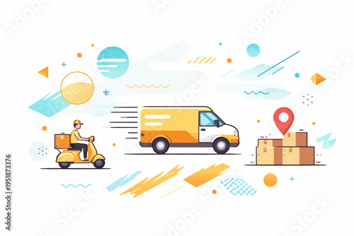 Express delivery service illustration with scooter and van