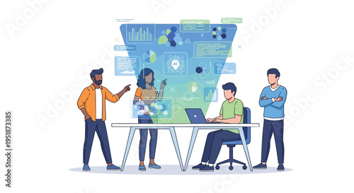 Vector illustration of people working together at a table with laptop and data visualization