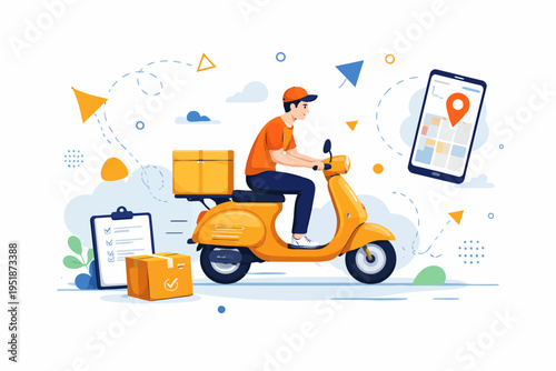 Young caucasian male delivery driver on scooter with digital map and packages