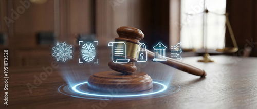 Wallpaper Mural Wooden judge gavel on desk with digital legal icons, law, justice, court, legal technology, and litigation concept Torontodigital.ca