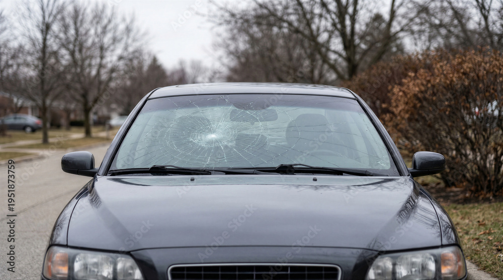 Fototapeta premium Front view of a dark grey car parked on a suburban street with a cracked windshield in winter