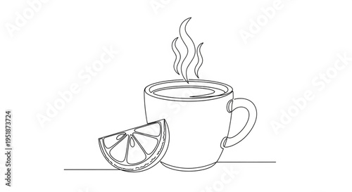 A minimalist line art illustration of a steaming cup with a slice of lemon on a clean white background