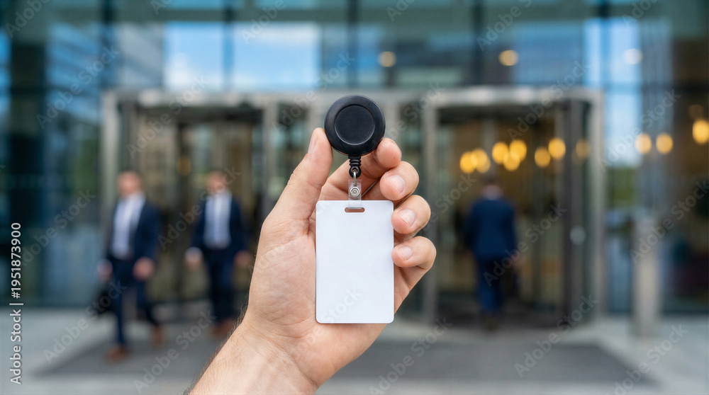 custom made wallpaper toronto digitalHand holding a blank white id badge lanyard card in front of a modern corporate office building entrance