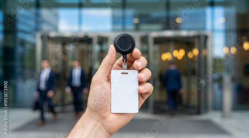 Wallpaper Mural Hand holding a blank white id badge lanyard card in front of a modern corporate office building entrance Torontodigital.ca