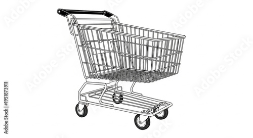 A minimalist line art illustration of a shopping cart on wheels