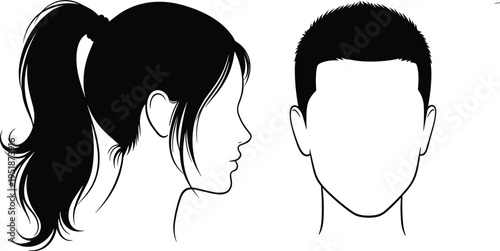 Black and White Vector Illustration of Female Profile with Ponytail and Male Front View Hairstyle Silhouette Isolated on Plain White Background