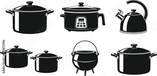 Black Vector Silhouette Collection of Kitchen Cookware Featuring Pots Pans Kettle and Slow Cooker Isolated on White Background for Design