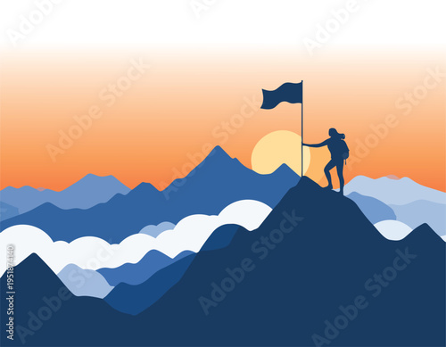 Man silhouette on mountain peak at sunrise