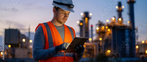 Wallpaper Mural Engineer using a digital tablet for monitoring and inspection at a petrochemical plant during sunset hours Torontodigital.ca