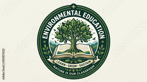 Vector environmental education logo with tree and book