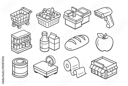 Outline icons of supermarket items featuring cart, basket, checkout, scanner, and groceries.