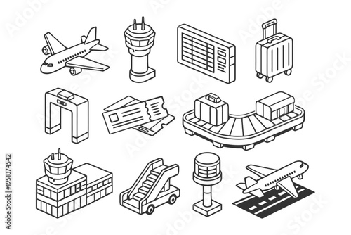 Isometric airport icons: plane, ticket, baggage, terminal, control tower in black and white.