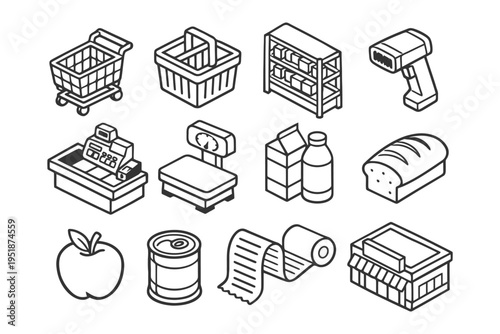 Line art of grocery shopping items: cart, basket, shelves, scanner, cash register.