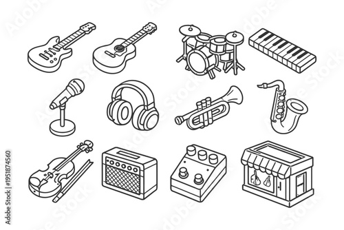 Collection of musical instruments: guitars, drums, piano, and more in line art style.