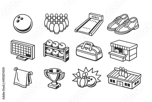 Bowling equipment and accessories icons including ball, pins, shoes, trophy, and bag.