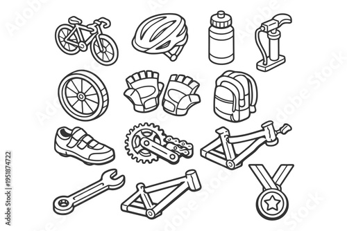 Bicycle outline icons: helmet, tools, gear, and accessories collection.