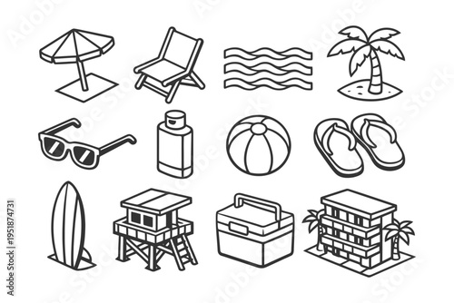 Beach essentials: umbrella, chair, palm tree, sunglasses, surfboard, lifeguard tower icons.