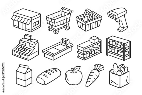 Grocery store icons: checkout, shopping cart, produce, scanner, shelves.