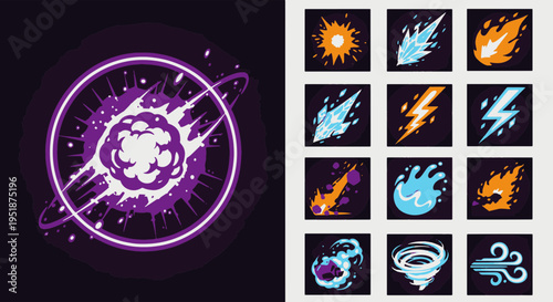 Digital Magic Effects Icons Set with Energy Explosion and Elemental Powers