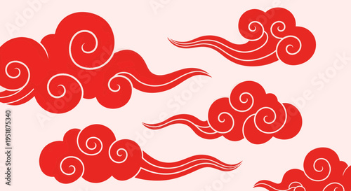 Red Clouds Chinese Style Swirl Patterns Flat Design