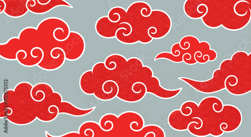 Red Clouds with Swirls and Wave Patterns on Grey Background