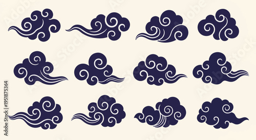 Stylized Traditional Asian Clouds Set Blue Swirls and Waves Simple Graphic Elements
