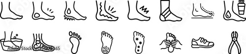 Podiatry and Medical Foot Care Bold Line icons pack for Orthopedic Health, Ankle Injury Treatment, Plantar Fasciitis, Reflexology, and Anatomy Graphics