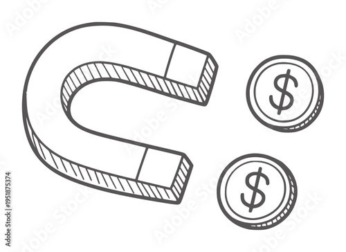 Black and white line of a horseshoe magnet attracting two dollar coins money