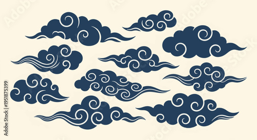 Traditional Dark Blue Chinese Clouds Seamless Pattern Vector Illustration
