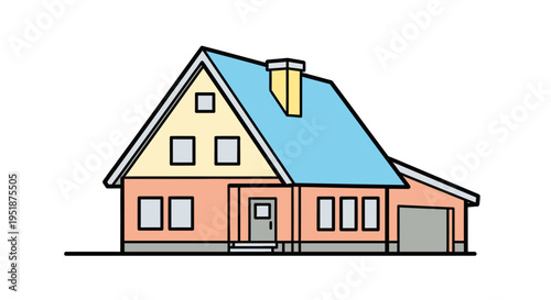 Colorful vector illustration of a suburban house with an attached garage and a blue roof, ideal for real estate and home design concepts.