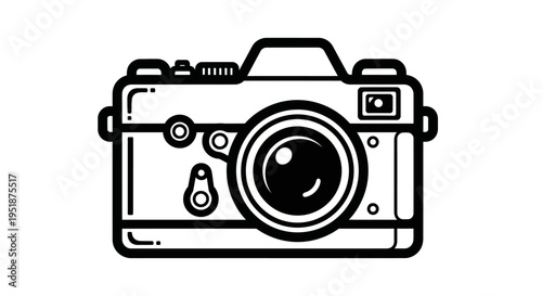 Vintage Film Camera Icon Line Art Illustration. Retro Style Photography Equipment Symbol in Black and White.