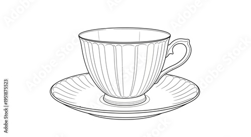 Elegant vintage teacup and saucer line art illustration. Classic ribbed ceramic cup and dish drawing, perfect for tea or coffee.
