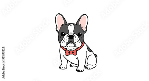 Cute cartoon French Bulldog illustration wearing a red bow tie. Adorable pet graphic of a black and white puppy looking forward.