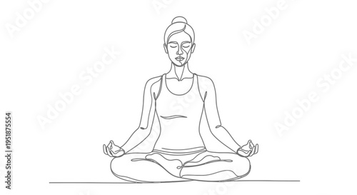 Elegant continuous line illustration of a woman in yoga meditation pose, symbolizing calm, mindfulness, and wellness.