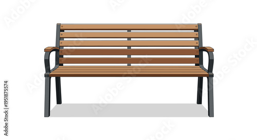Vector illustration of a modern park bench with wooden slats and dark metal frame. Isolated outdoor seating furniture on white background.