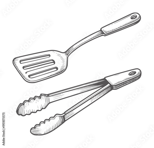 Black and white line of kitchen tongs and spatula