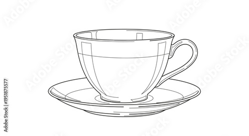 Clean line art illustration of a teacup and saucer, elegant classic design for hot beverages, vector outline drawing