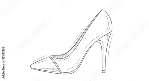 Classic high heel pump shoe fashion sketch illustration. Elegant women's stiletto footwear line art drawing on white.