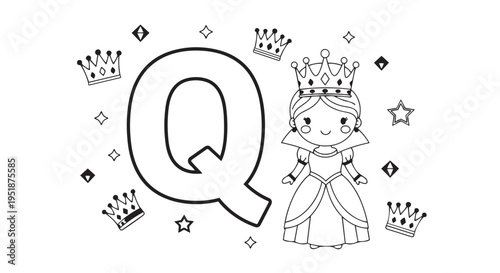 Smiling cartoon queen wearing an elaborate crown stands next to the uppercase letter Q decorated with surrounding smaller crowns and stars for children's learning.