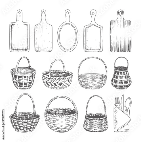 Black and white of cutting boards baskets and cutlery vintage