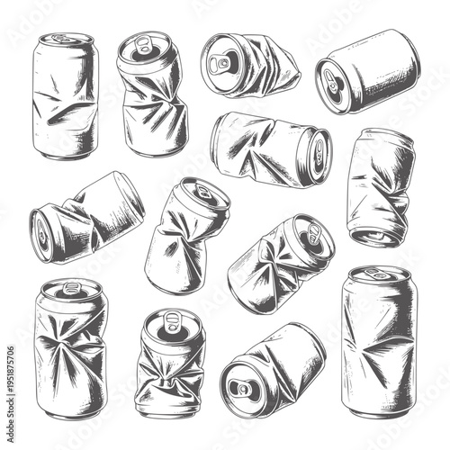 Black and white of crushed and intact aluminum beverage cans crumpled