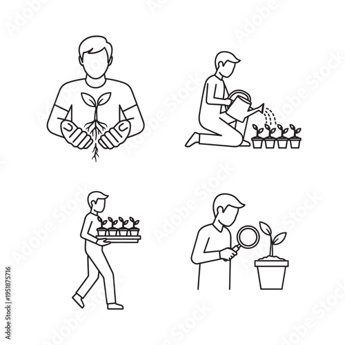 Line art illustrations depicting various stages of plant care, gardening, and horticulture, showing people nurturing and examining seedlings.