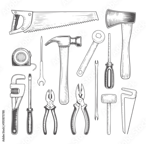 Black and white of various hand tools for construction and repair vintage