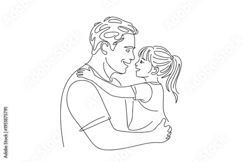 Father and daughter embrace, tender moment depicted in continuous line art style, celebrating family bond and paternal love on fathers day