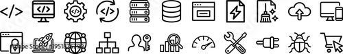 Comprehensive Web Development and Programming Bold Line Vector Icon Pack for Cloud Hosting, SEO Analytics, Software Debugging, and IT Infrastructure