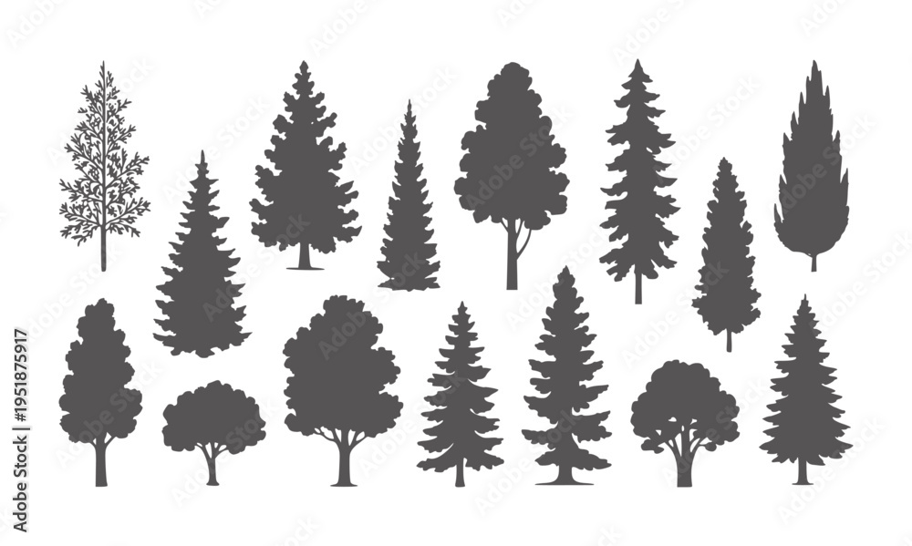 Fototapeta premium Collection of dark grey tree silhouettes white