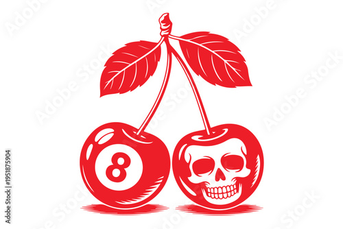 Red cherry rockabilly tattoo art featuring skull and eight ball designs on fruit for vintage style apparel and sticker graphics on transparent background showing edgy alternative culture style