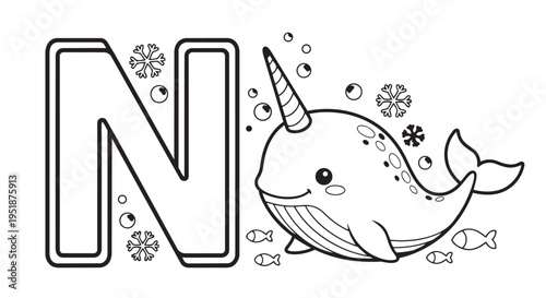 Lowercase letter N coloring image shows a cute narwhal swimming beside the bold letter accompanied by snowflakes and small fish illustrations for children.