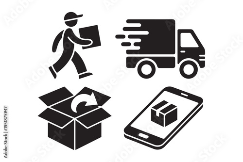 Set of delivery service icons featuring courier truck box return and mobile tracking flat design