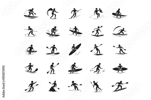 Silhouettes of people enjoying stand up paddleboarding and various water sport activities isolated vector set
